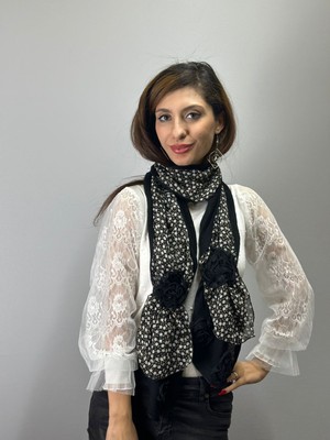 Gönülden Tasarım Çiçekli Güllü Triko Şifon Tasarım Kadın Fular Aksesuar 180X25 cm