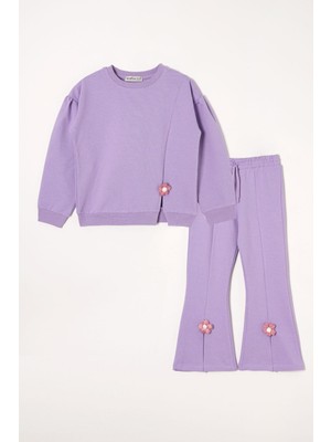 Bisiklet Yaka Uzun Kol Yırtmaçta Papatya Detaylı Uzun Kollu Lila Renk Kız Çocuk Eşofman Takımı