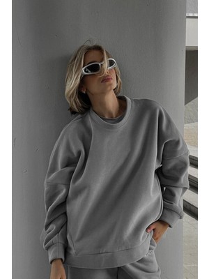 Guaraz Gri Unisex Bisiklet Yaka Oversize Örme Kalın ve Yumuşak Dokulu Basıc Sweatshirt