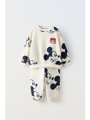 Magu Mickey Mouse Ekru 3 Iplik Pamuklu Kışlık Sweatshirt Jogger Eşofman Alt-Üst Takım