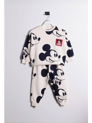 Magu Mickey Mouse Ekru 3 Iplik Pamuklu Kışlık Sweatshirt Jogger Eşofman Alt-Üst Takım