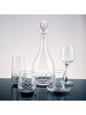 Sudecam Dizayn 61 Parça 12 Kişilik Kareçubuk El Dekor Kesme Cam Su Takımı