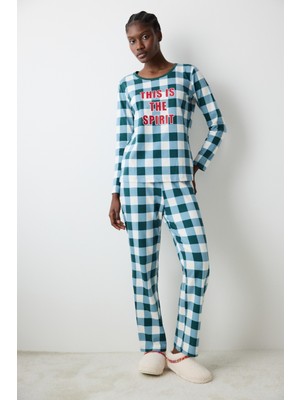 Gingham Koyu Yeşil Pantolon Pijama Takımı