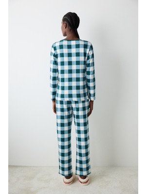 Gingham Koyu Yeşil Pantolon Pijama Takımı