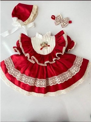 Kırmızı Pamuk Saten Vintage Kız Bebek Elbisesi, Özel Dikim Kız Çocuk Elbisesi, Doğum Günü Elbisesi, Fotoğraf Çekim Elbisesi, Kız Bebek Hediyesi, 0-12 Yaşa Uygun