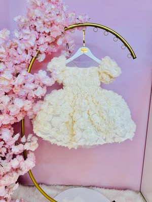 Hly Karol Tasarım Diana Krem Güllü Kız Bebek Elbisesi Özel Dikim Doğum Günü İçin Kabarık