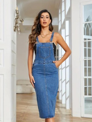 Burtex Kadın Askılı Ön ve Arka Cep Detaylı Diz Altı Kot Salopet