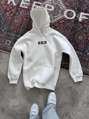 Burtex Uzun Kol Kapşonlu Göğüs Baskılı Sweatshirt - Beyaz