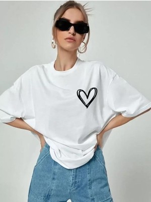 Burtex Bisiklet Yaka Baskılı Oversize T-Shirt - Beyaz