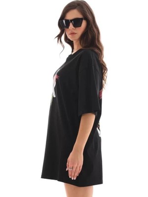 Burtex Bisiklet Yaka Baskılı Oversize T-Shirt - Siyah