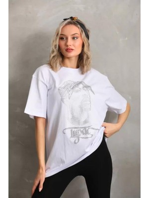 Burtex Taş Desenli Oversize T-Shirt - Beyaz