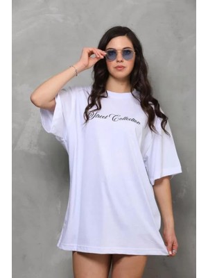 Burtex Bisiklet Yaka Baskılı Oversize T-Shirt - Beyaz