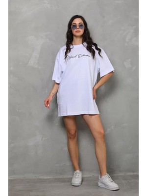 Burtex Bisiklet Yaka Baskılı Oversize T-Shirt - Beyaz