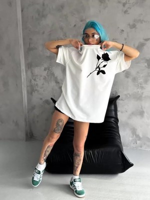 Burtex Bisiklet Yaka Baskılı Oversize T-Shirt - Beyaz