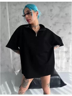 Burtex Yarım Fermuarlı Düz Oversize T-Shirt - Siyah