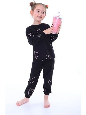 Nina Kids  Pamuk Kalp Desenli Siyah Bisiklet Yaka Kız Çocuk Pijama Takımı 3-4