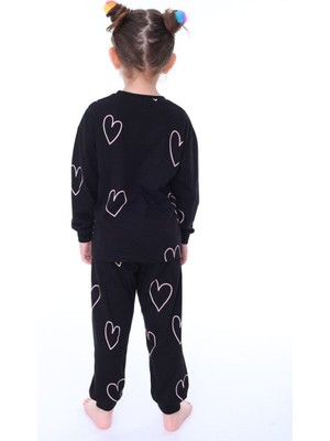 Nina Kids  Pamuk Kalp Desenli Siyah Bisiklet Yaka Kız Çocuk Pijama Takımı 3-4