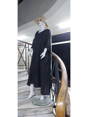 Italyan V Yaka Uzun Kol Keten Elbise