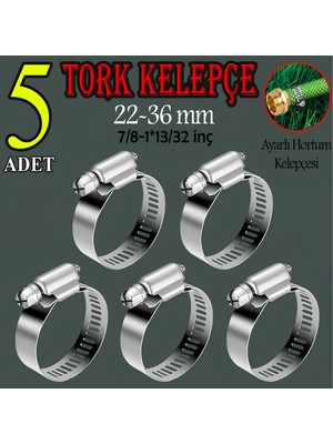 Badem10 Hortum Kelepçesi Tork Ayarlı 22X36 mm Paslanmaz Çelik Boru Metal Kelepçe Ayarlanabilir Klips 5 Adet