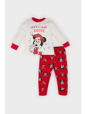 DeFacto Kız Bebek Disney Mickey & Minnie Yılbaşı Temalı Pijama Takımı Bisiklet Yaka Uzun Kollu Üst Beli Lastikli Alt D7162A524WN