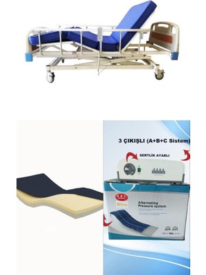 Witra wipperman 3 Motorlu Abs Başlıklı Tabanca Korkuluklu Hasta Karyolası +  Visco Yatak +3 Çıkışlı Abc Sistemli Boru Tipi Havalı Yatak Takım