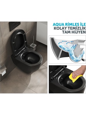 Aqua Bagno Voca Asma Klozet - 54 cm Mat Siyah - Set 2 Parça - Dp Kapak Dahil