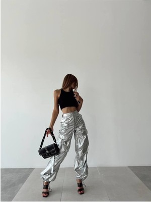 Fashion Cocktail Lame Paraşüt Kumaş Boru Paça Ayarlı Büzgülü Cepli Hiphop Kargo Pantolon Gümüş