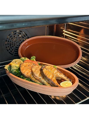 AdenArt 2'li Toprak Sırlı Oval Balık Güveci Pişirme Tavası 30X15X4