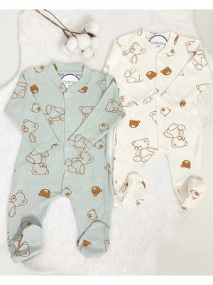 Yenidoğan Bebek Kıyafeti 2 Parça Organik Pamuklu Ayıcık Desenli 2li Tulum Takımı