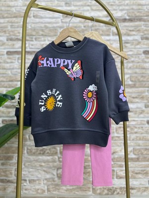 Ladin Store Yeni Sezon Kız Çocuk Pamuklu Baskılı Sweatshirt ve Fitilli Taytlı Alt-Üst 2'li Takım