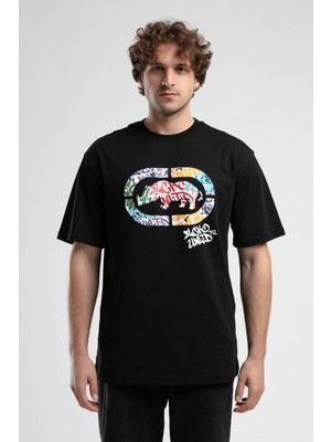Ecko Unltd. ECKO UNLTD Kıngston Siyah Bisiklet Yaka Baskılı Oversize Erkek Tshirt