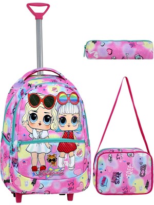 Çanta Trend Çekçekli 3'lü Okul Seti, Renkli Desenli Ilkokul Çantası + Beslenme Çantası + Kalemlik