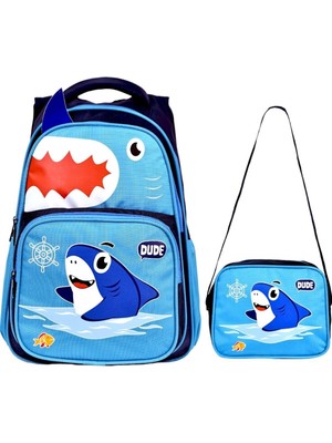Çanta Trend Köpek Balığı Baskılı, Su Geçirmez, Ortopedik Sırt Özellikli, Ilkokul Çantası + Beslenme Çantası