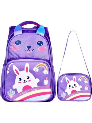 Mor Tavşan Baskılı, Su Geçirmez, Ortopedik Sırt Özellikli, Ilkokul Çantası + Beslenme Çantası