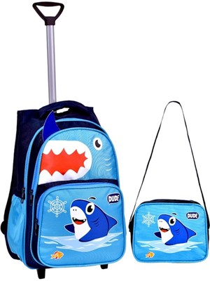 Çanta Trend Çekçekli Köpek Balığı Baskılı, Ortopedik Sırt Özellikli, Ilkokul Çantası + Beslenme Çantası