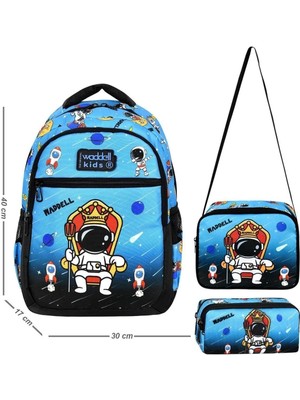 Siyah-Mavi Astronot Desenli Okul Sırt Çantası,beslenme Çantası ve Kalemlik