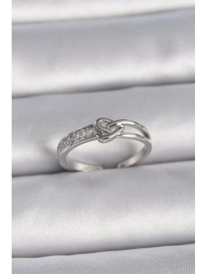 Clariss Pirinç Gümüş Renk Ayarlanabilir Zirkon Taşlı Düğüm Kalp Model Kadın Yüzük