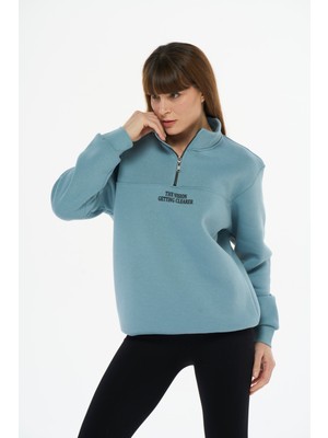 Safe Tasarım Kadın Pamuklu Içi Polarlı Yarım Fermuarlı Sweathirt