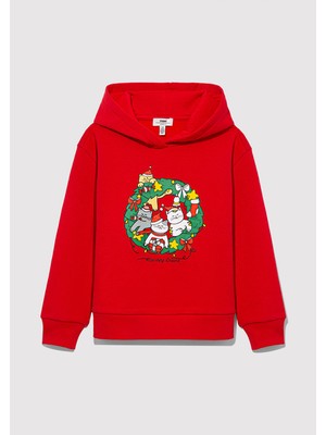 Mavi Yılbaşı Kedi Baskılı Kapüşonlu Kırmızı SWEATSHIRT7S10113-70471