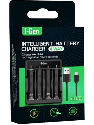 I-Gen Batteries I-Gen G400 4'lü Pil Şarj Aleti AA/AAA Uyumlu Type-C Giriş Akıllı Hızlı Pil Şarj Cihazı
