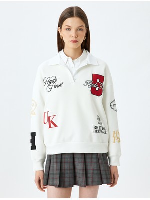 Koton Polo Yaka Düğmeli Oversize Kolej Nakışlı Şardonlu Sweatshirt