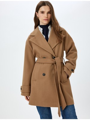 Koton Düğmeli Cepli Kemerli Kruvaze Uzun Kaşe Kaban