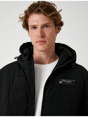 Koton Şişme Mont Slim Fit Fermuarlı Slogan Baskılı