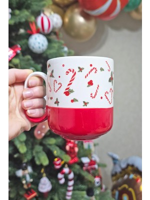 Pekshop Yılbaşı Kupası Kırmızılı Candy Cane Desenli Baston Şeker Figür Kupa Bardak