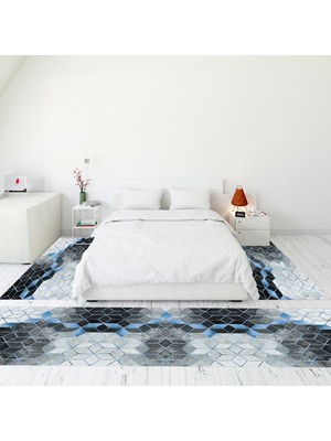 Evdeya Dijital Baskılı Kaymaz Taban Yıkanabilir Mermer Desen Üçlü Yatak Odası Takımı, Mermer-19-Mavi,