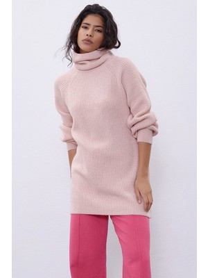 Sherin Pembe Balıkçı Yaka Oversize Triko Tunik SWK4299PE