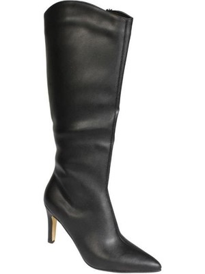 Yaz Kış Ayakkabı Yazkış Kadın Siyah Krem Ince Kadeh 8cm Topuklu Çizme Diz Boyu 37CM