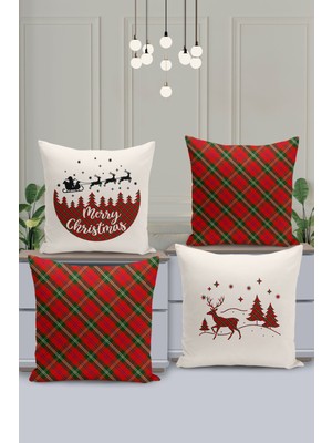 Filamente 4'lü Kırlent Kılıf Seti Yılbaşı Christmas Deseni Çift Taraflı Dijital Baskılı