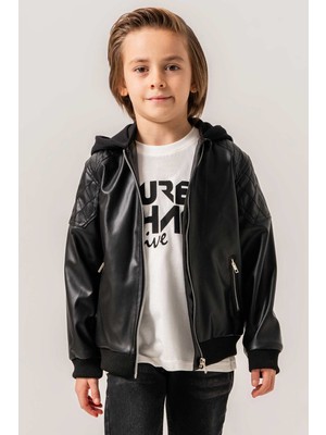 Gold Class Kidswear Kapüşonlu Cepli Fermuarlı Erkek Çocuk Deri Ceket