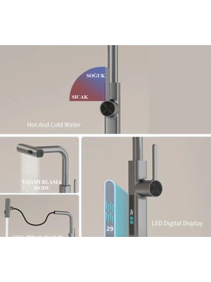 Rena Design Antrasit Çok Modlu Spiralli Mutfak Evye Bataryası - Dijital LED Ekran Fonksiyonel Çek Bırak